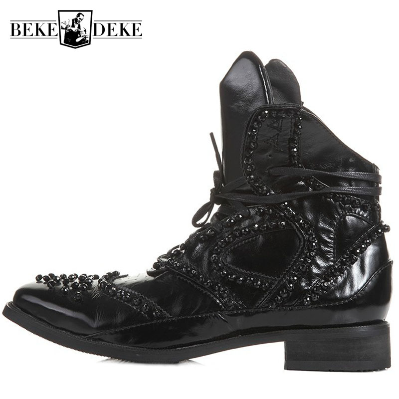 

Winter British Boots Men Designer Crystal Beaded Vintage Ankle Boots Pointed Genuine Leather Punk Shoes Black High Top Sneakers