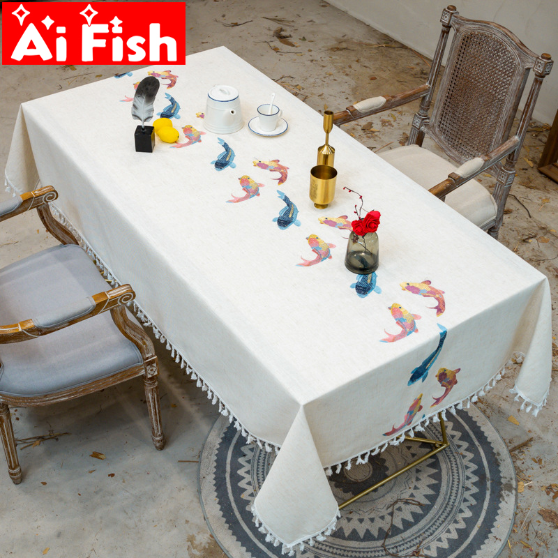 

Goldfish pattern decorative linen tablecloth with tassels waterproof and oil-proof thick rectangular wedding table MY470#2, Color 2