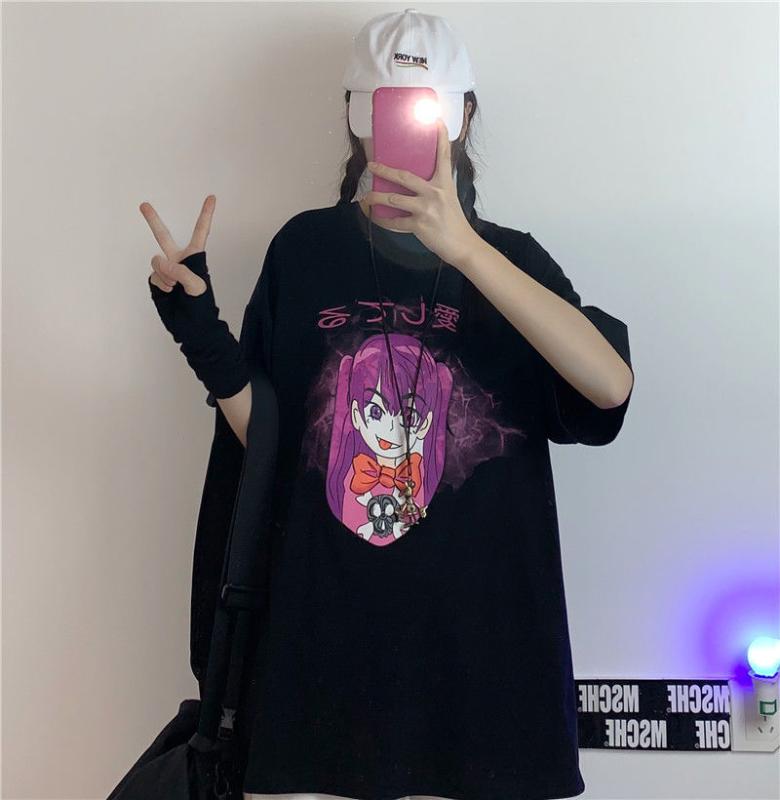 

Japanese T Shirt Women Tops Cartoon Women Short Sleeve Ladies Regular T Shirt Loose Casual Tops Tee Femme, Navy blue