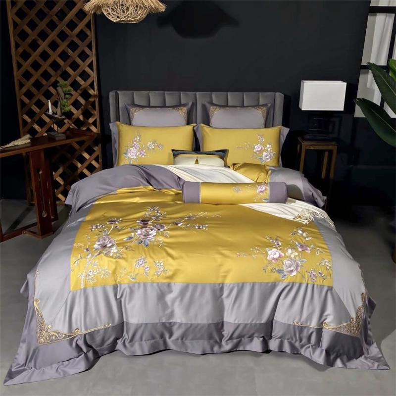 

4 Piece Classical Yellow Flowers Embroidered Duvet Cover Set King Size dekbedovertrek 240x220 Egyptian Cotton Sateen Bed Linen