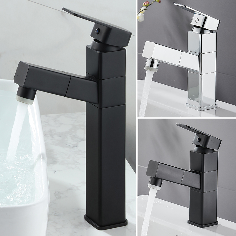

Pull Out Basin Faucet Bathroom Sink Faucet Single Handle Hot Cold Water Tap Deck Mount Bathroom Chrome Black