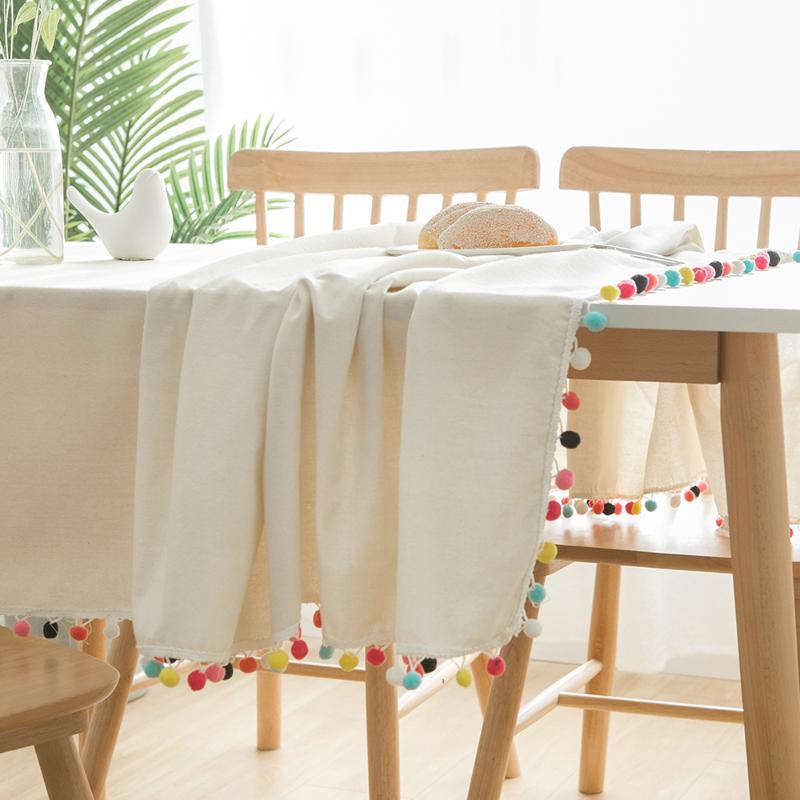 

Decorative Cotton and Linen Tablecloth With Colored Wool Ball Plain Thick Rectangular Kitchen Dining Table Cover Table Cloth, 01