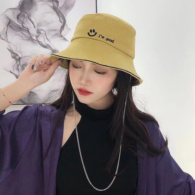 

New smile fisherman hat female spring and summer outdoor sunscreen wide-brimmed sun hat chain basin, White