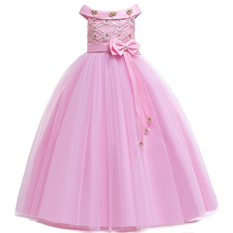 

Girls Party Dress Elegant Princess Dress One shoulder embroidery Kids Dresses For Girls Costume Flower Girls Wedding Dress, As pictures
