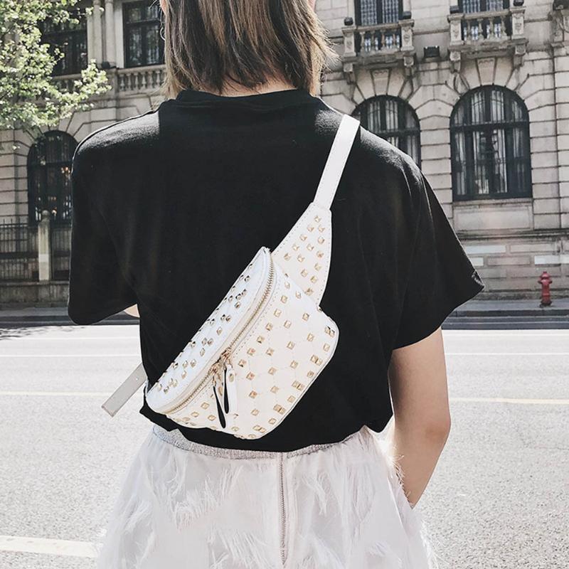 

Rivets Women Waist Bag Fashion Leather Purse Phone Shoulder Belt Bag Leisure Travel Fanny Pack Chest Pocket Accessories, Beige
