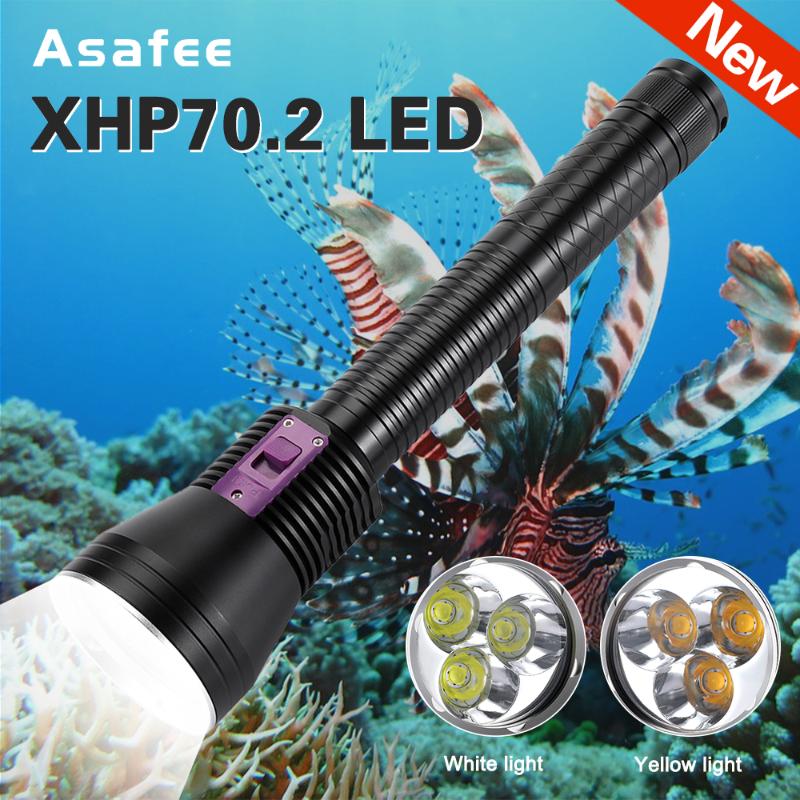 

Asafee 3*XHP70.2 LED Diving Underwater IP x8 waterproof Light Push switch 26650 battery Torches for Scuba diving led