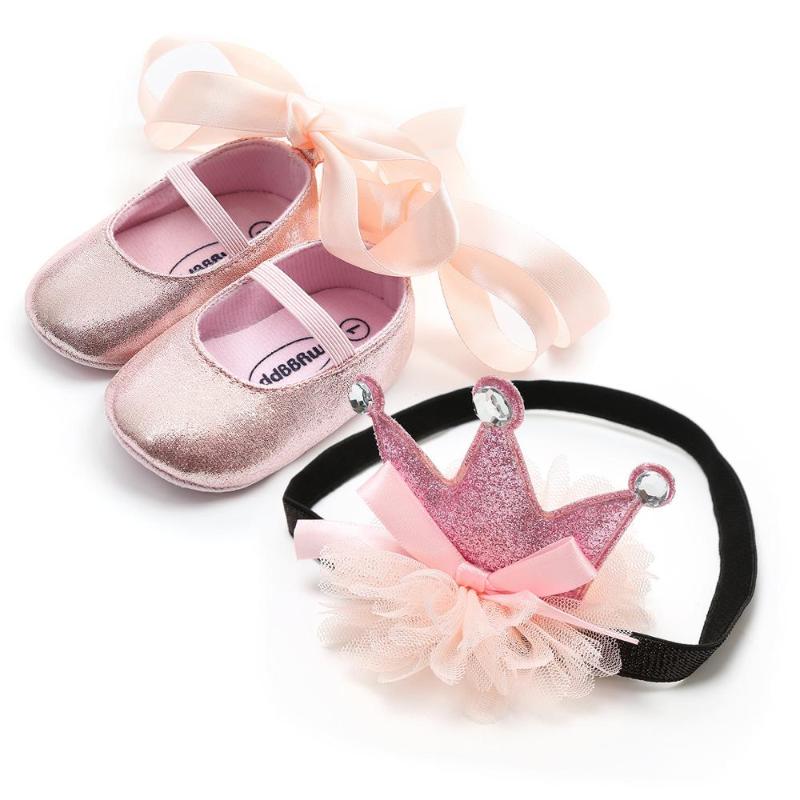 

Cute Baby Girls -12M Shoes soft bottom Prewalkers with tie + Crown Lace Headband 2PC Set, Black