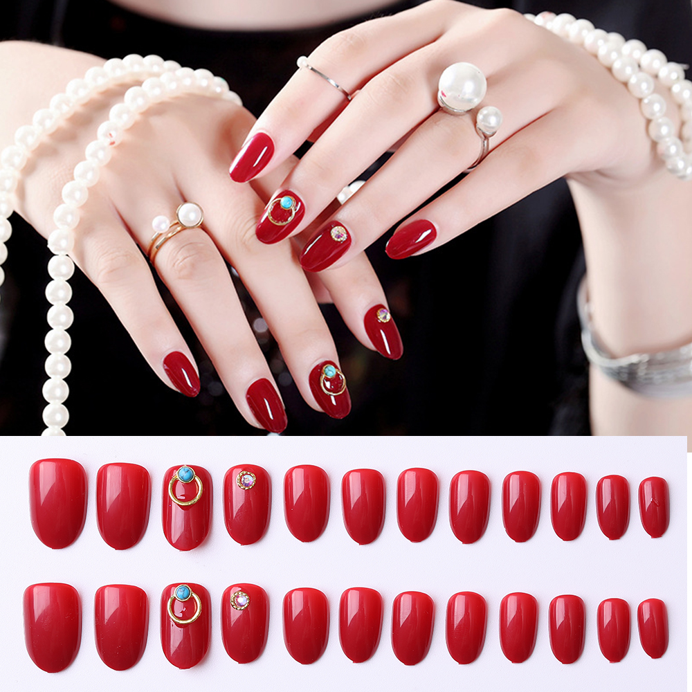 Full Cover False Nails Tips New Design Fashion Beauty Nail Art Tips With Glue Wedding Red Color Rhinestones Fake Nail F603-image-569510927