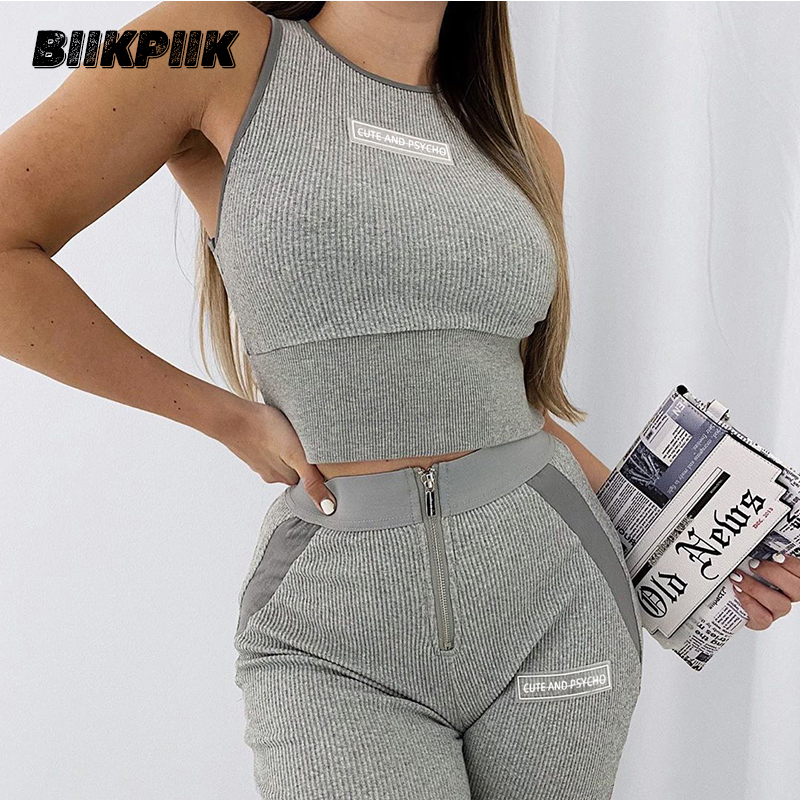 

BIIKPIIK Knitting Skinny Two Piece Sets For Women Patchwork Letter Appliques Tops And Zipper Pants Matching Sets Lounge Wear, Gray