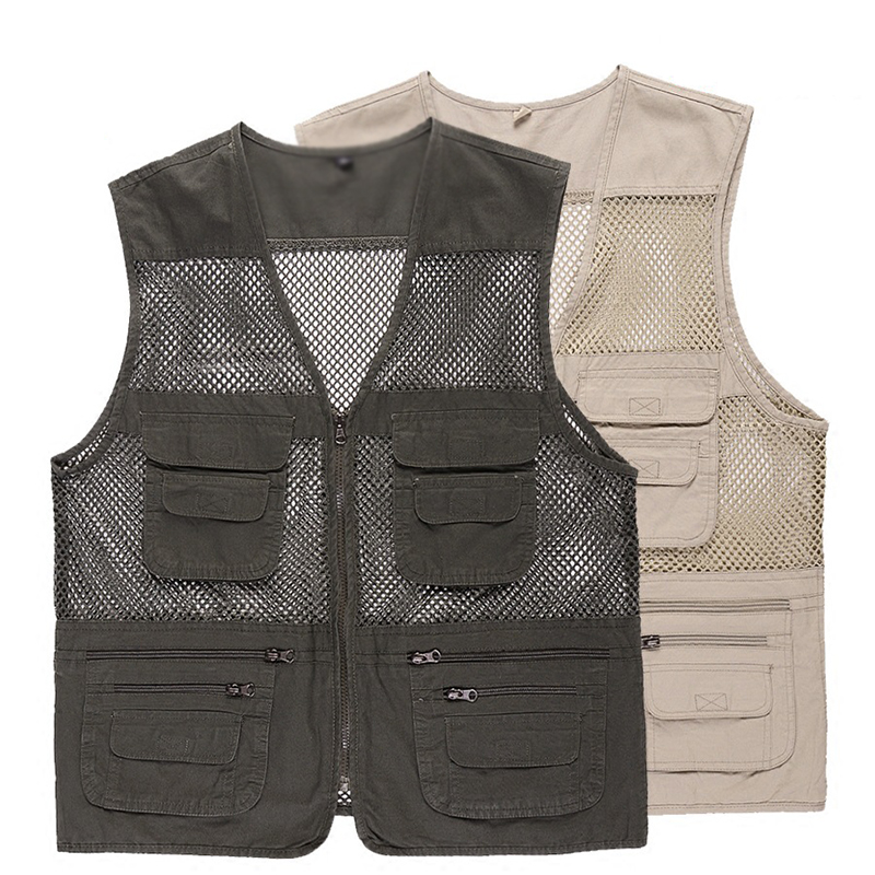

New men's summer mesh vest thin hollow photographer fisherman breathable cotton multi-pocket vest with zippers large size -4XL, Beige