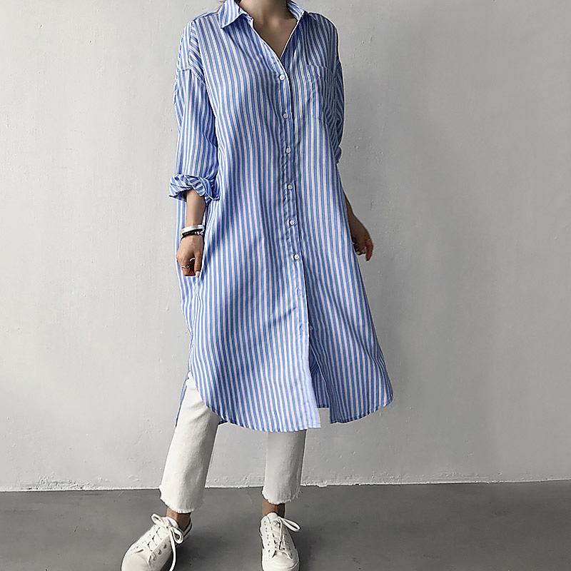 

Women Shirt Dress Striped Print Long Robe Turn-Down Collar Dropped Shoulders Long Sleeve Pocket Side Slit Ladies Dress One-Piece, Black