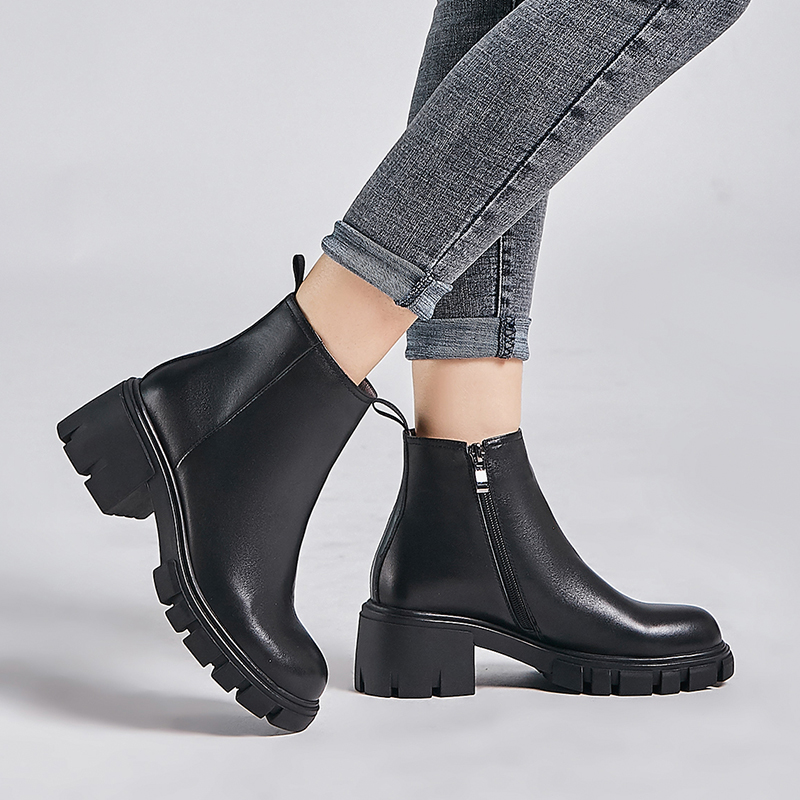 

Women's genuine leather chunky heel platform ankle boots med heel comfortable autumn short booties high quality boots shoes sale, Black