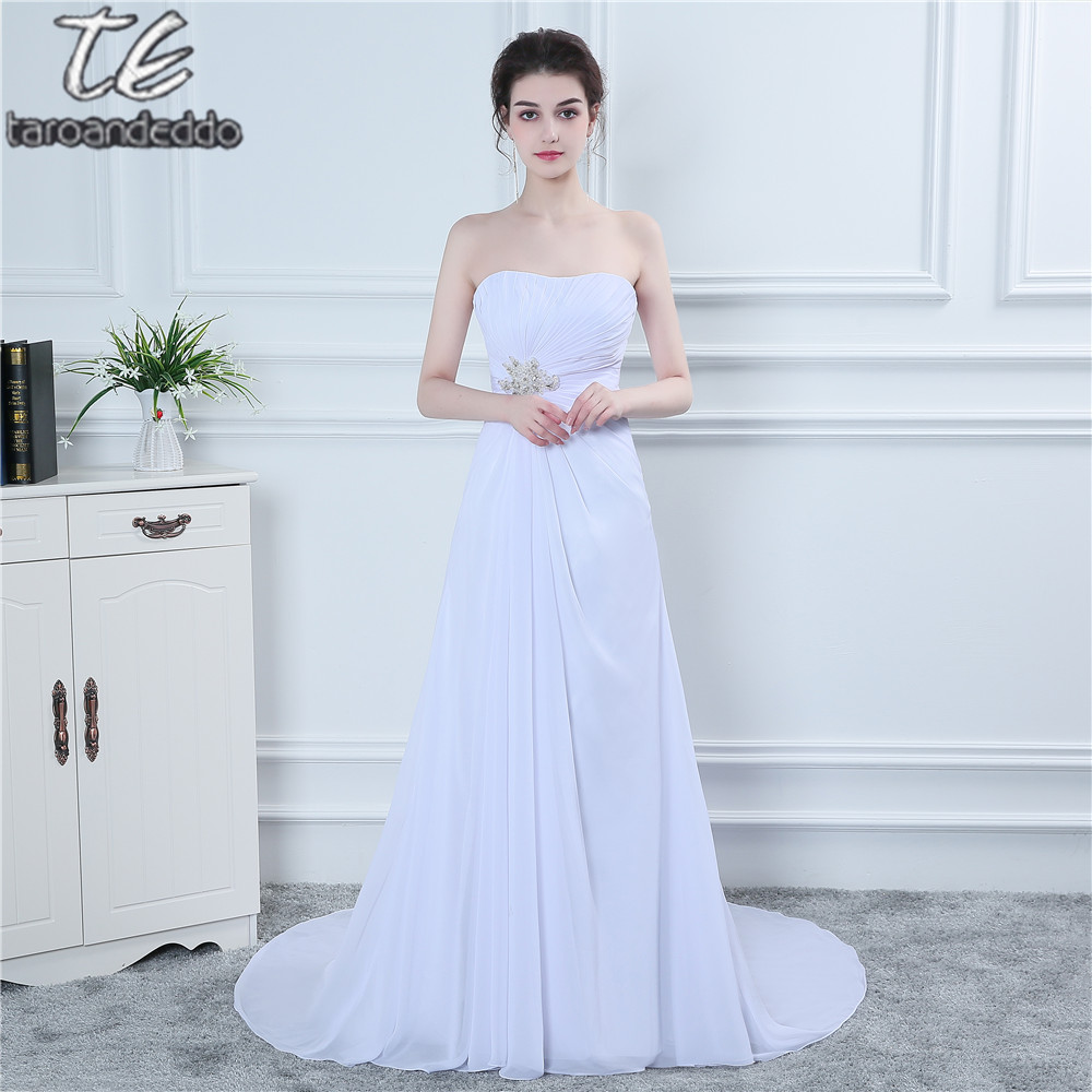 

Strapless Drape Chiffon White A-Line Wedding Dress Simple Style Church/Garden Weddings Bridal Dress Robe De Soiree Longue