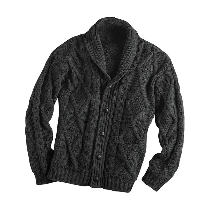 

Autumn Winter Steater Men Thick Turn-down Collar Full Sleeve Open Stitch Solid Color Casual Knitting Male Tops Wild Cardigan, Black