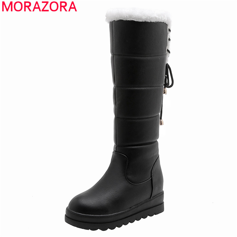 

MORAZORA 2020 big size 33-43 keep warm snow boots comfortable flat heel round toe platform ladies shoes 3 colors knee high boots, Black