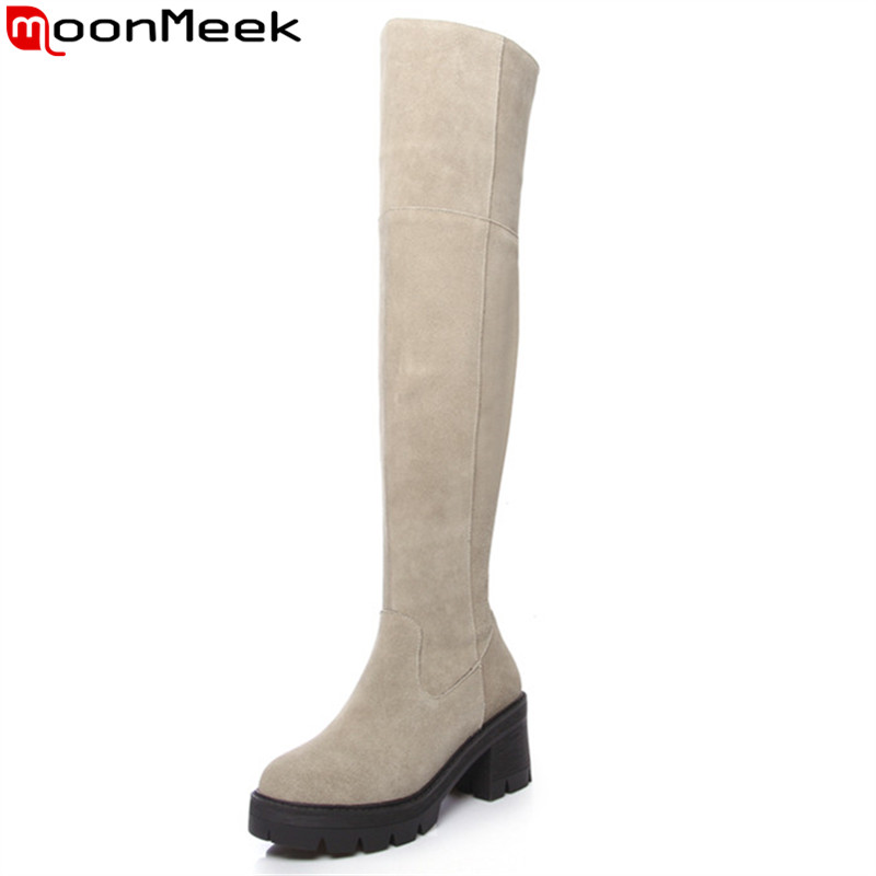 

MoonMeek 2020 suede leather boots women round toe zip over the knee boots square heels platform ladies winter, Khaki with fur