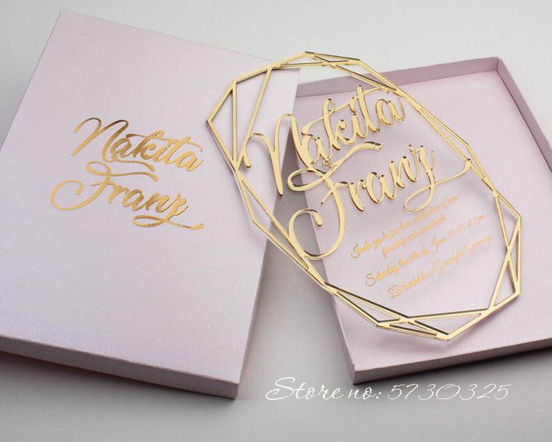 

3D Clear Acrylic Wedding Invitations Geometric Wedding Invitations Embossed Transparent Gold Foil Printed Invitation
