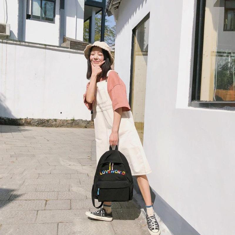 

School Bag New Backpacks LOVEWORLD Travel Bags Female Embroidery Letter Solid Teenage Girl, Green