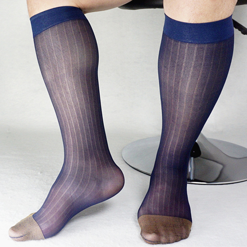 

1 Pair Men's Wide Striped Toe Sheer Socks Silk High Thin Breathable Sexy Softy Socks Business Office Stockings Black Gold Blue