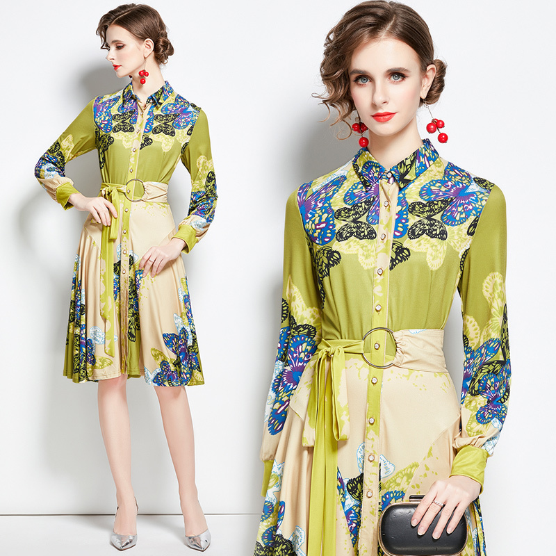 

Summer Runway Vintage Floral Print Collar Belt Long Sleeve Empire Waist Women Ladies Casual Party OL Beach Office A-Line Midi Shirt Dress, Black;gray