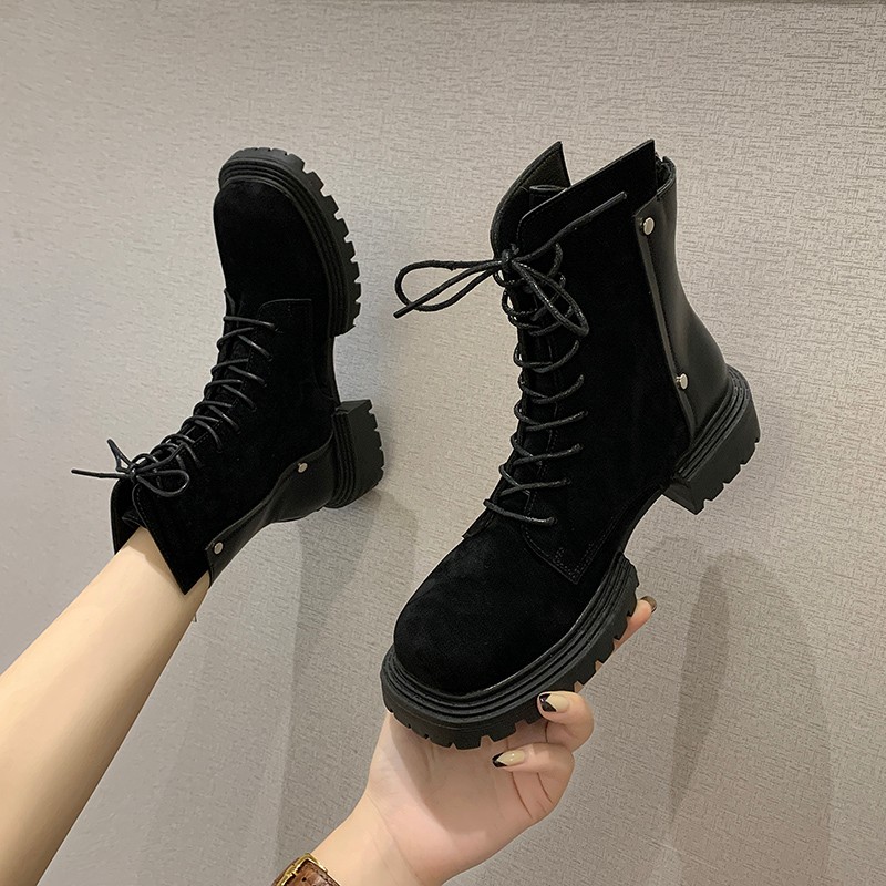 

Flock&pu leather platform boots women rivets lace up zip riding booties thicken round toe winter botas solid color muffins shoes, Black