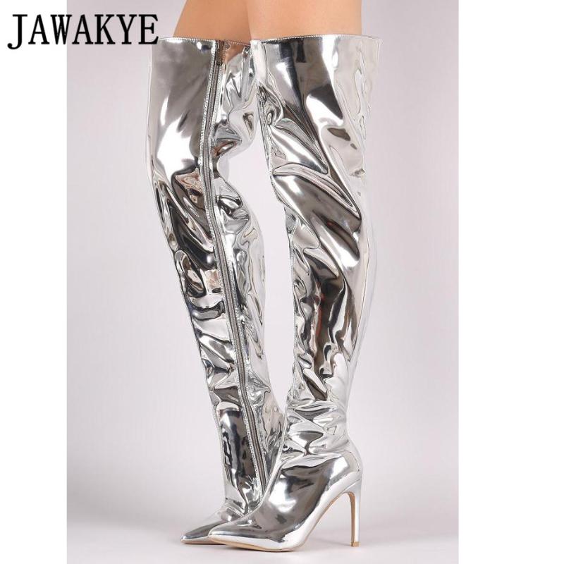 

Sexy Silver Mirror Thigh high boots Women T Show pointy toe Club Party Shoes Thin High heels Over the knee Long boots for women