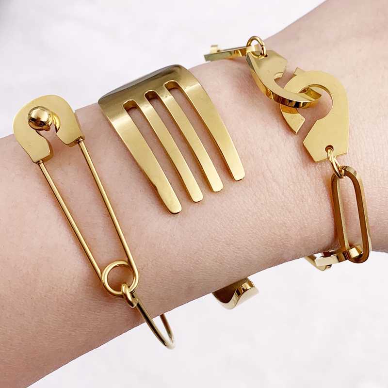 

Mavis Hare handcuffs Bangle & tableware fork & Pin Bracelet Bangle Set Stainless Steel Cuff Open Bracelet for woman