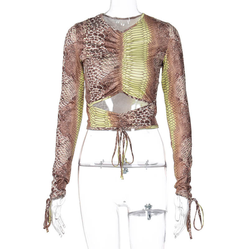 

Women Hollow Out T-shirt Full Length Regular Sleeve V-neck Printed Polyester Elegant Fashion Slim Fitting T-shirt