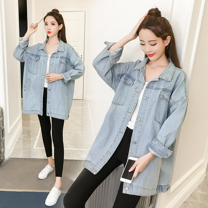 

women denim jacket oversize pocket blue turn down collar