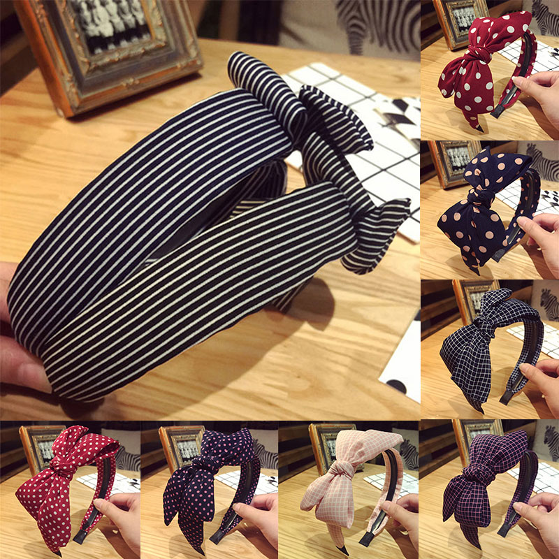 

Bow Headband Striped Plaid Small Wave Point Toothed Non Slip Head Hoop Wide Side Hair Hoop Big Bowknot Fashion Hair Accessories