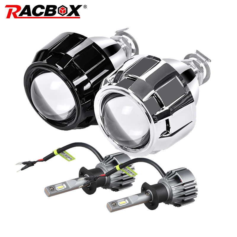 

RACBOX 2Pcs 2.5 Inch Mini Bi xenon HID Projector Lens Silver Black Shroud with H1 LED Bulb Retrofit H4 H7 Car Headlight Assembly
