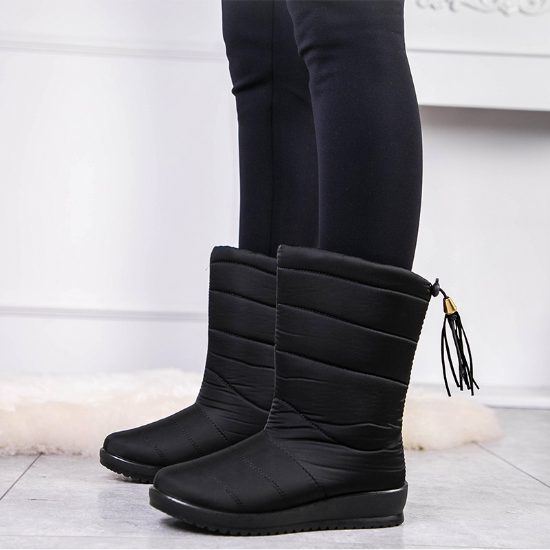 

winter boots 2020 women winter shoes mid-calf waterproof snow boots wedges warm fur female boots shoes woman footwear chaussures, Black