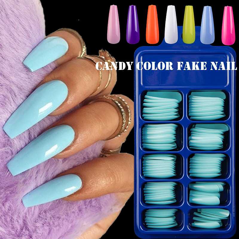 

100pcs/box Ballerina Fake Nails Coffin Press on Nail Art Tips Manicure Full Cover Matte Long Pink Red Blue False Nail Extension, 20