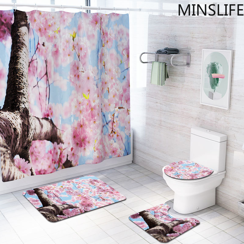 

Romantic Pink Cherry Blossoms Pattern Shower Curtains & Bathroom Rug Set Waterproof Polyester Fabric Bath Toilet Cover Mats