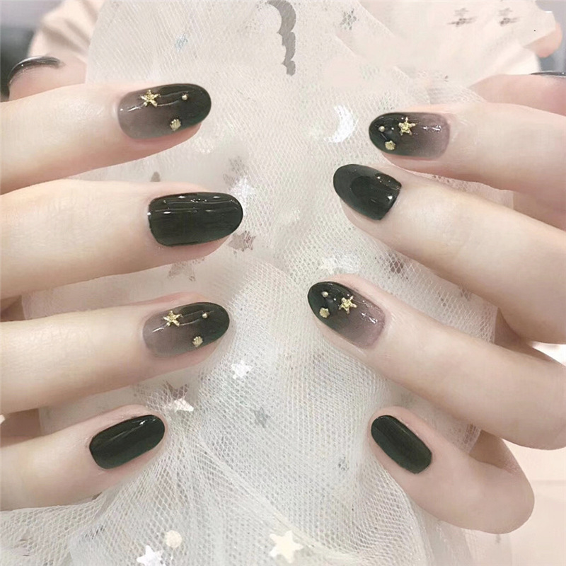 

24pcs/set Punk Black Gradient Fake Nails Round Full Cover Gold Moon Star Decal Nail Art Tips Artificial Press on Nails with Glue, 02