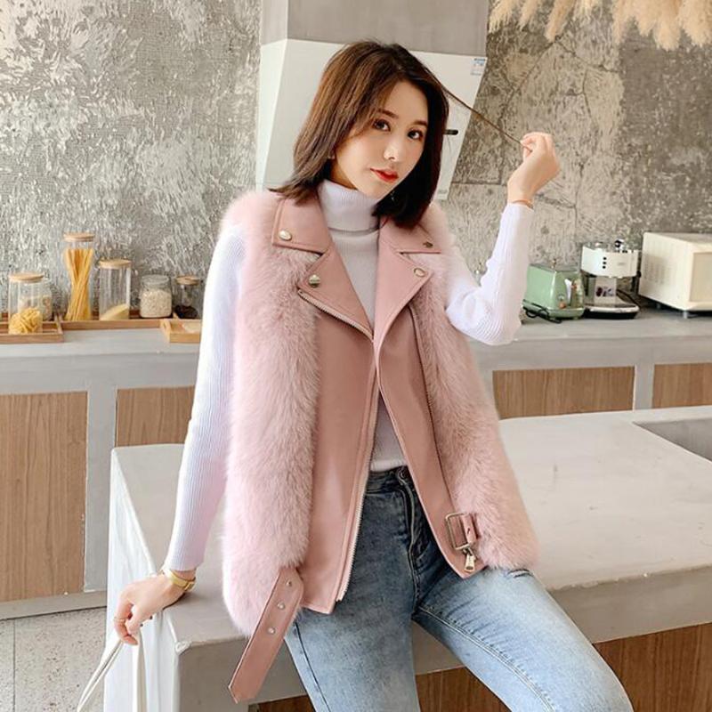 

Women Natural 100% Fur Match With Genuine Sheep Leather Vest Sleevess New Luxury Fur Gilet For Winter Drop Shipping sr863, Beige
