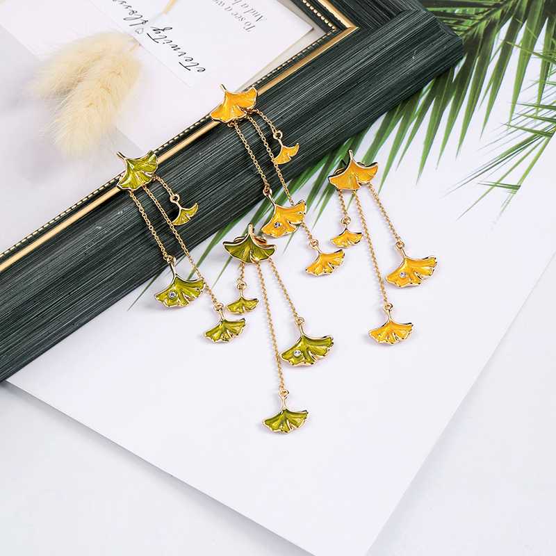 

BALANBIU Two-tone Enamel Crystal Ginkgo Leaves Different Length Chain Tassel Drop Earrings For Women Gifts New Fashion Accessory