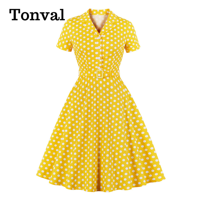 

Tonval Notched Collar Polka Dot Pin Up 50s Vintage Robe A Line Dresses for Women Button Front Cotton Elegant Midi Dress, Red