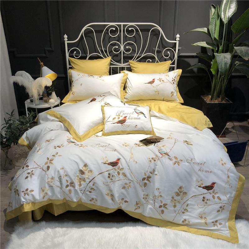 

4/6pcs American Pastoral Birds Golden Leaves Embroidered Bedding Sets Queen Egyptian Cotton Duvet Cover Set King White Yellow