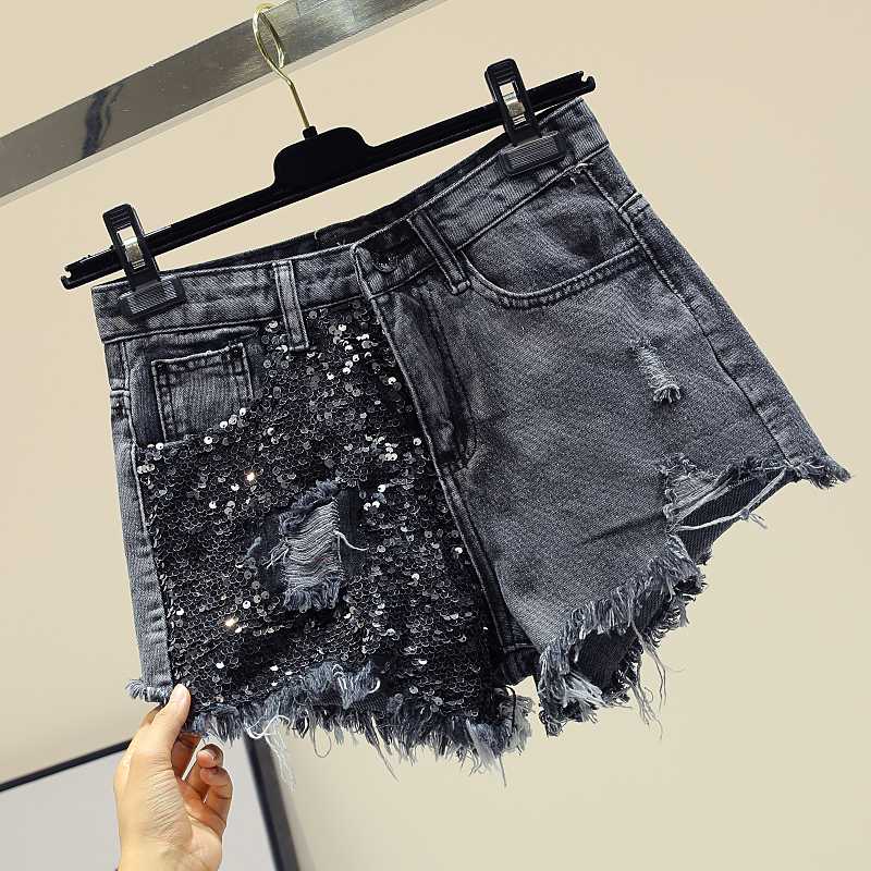 

Patchwork Sequins Denim Shorts for Women New Summer Fashion All-match Wide Leg Shorts Hole Students Hot, Dark gray