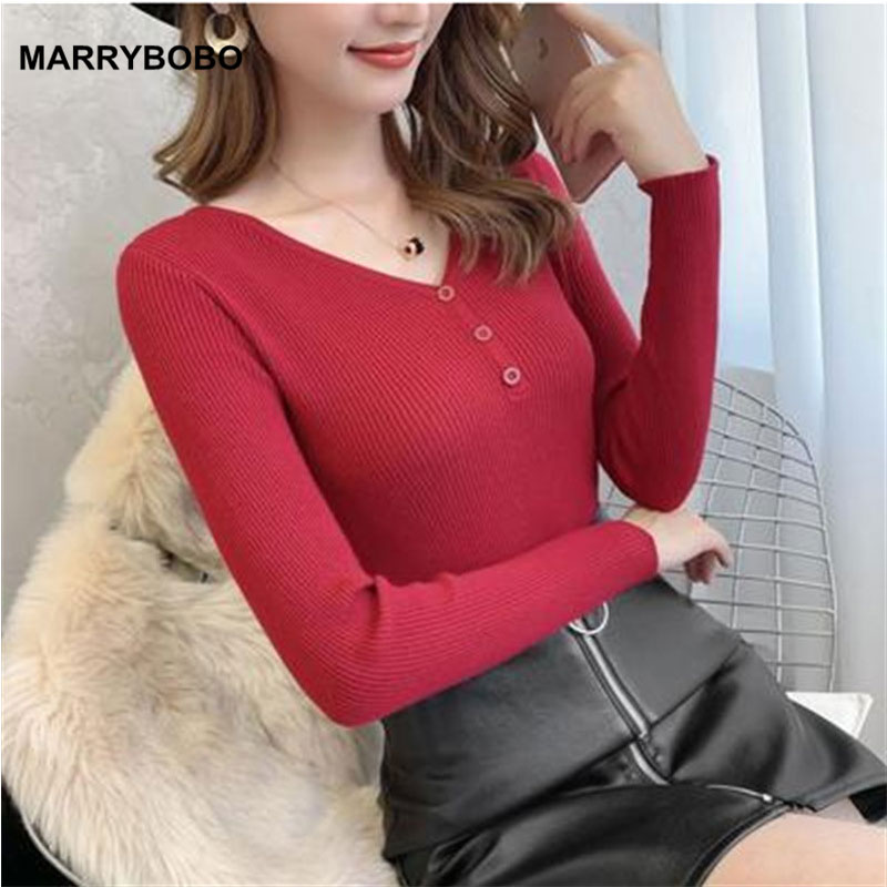 

Autumn Winter Women Knitted Sweater Korean V-Neck Button Jumpers Tops 2020 Casual Long Sleeve Elasticity Pullovers, Ypg2134wine red