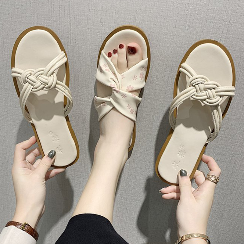 

Net Celebrity two ways print cross band slingback women sandals beach shoes women slippers knitted band flat femmes sandales2020
