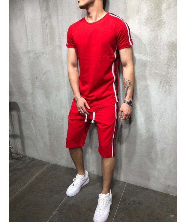 

Men's Tracksuits Casual Summer Stripe Clothing Set Stripe Color Stitching Short Sleeve Sports Set Mens fz2966, Yellow