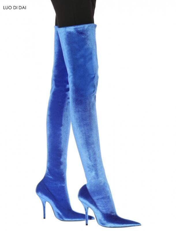 

2020 New hot pink point toe long boots blue velvet thigh high boots slip on black lace women booties over knee high botas, As pic