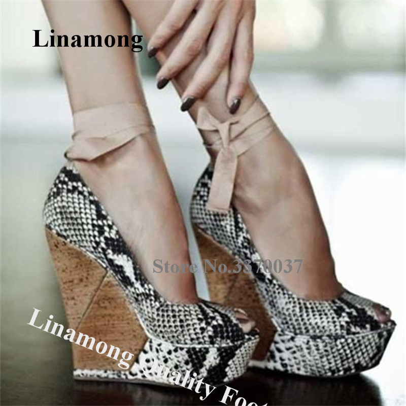 

Linamong Sexy Snake Leather Peep Toe High Platform Wedge Sandals Ankle Lace-up Patchwork Wedges Height Increased Shoes, As picture