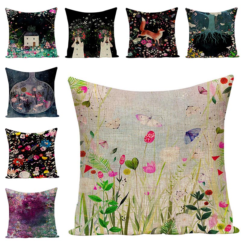 

Dream Flower Pattern Animals Chair Cotton Linen Cushion Covers Plant Pillow Cases Home Decorative Pillows Cover For Sofa Decor, Color 03