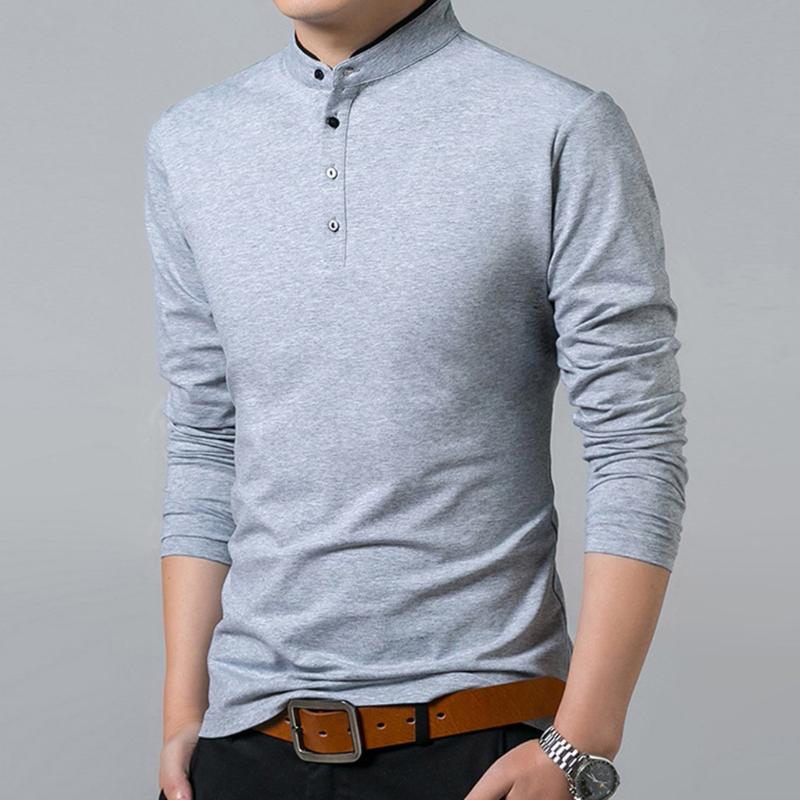 

Fashion T Shirt Men Summer Casual Cotton Stand Collar Long Sleeve T-shirt Tops Man Solid Color Comfortable Slim Top M6, Black