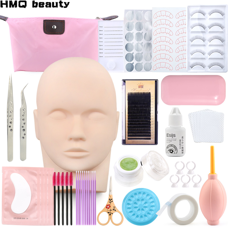 

20 in 1False Eyelash Extension Training Kit Practice Model Head Eye Pads Tweezers Glue Ring Brush Grafting Eyelash Tools Kit