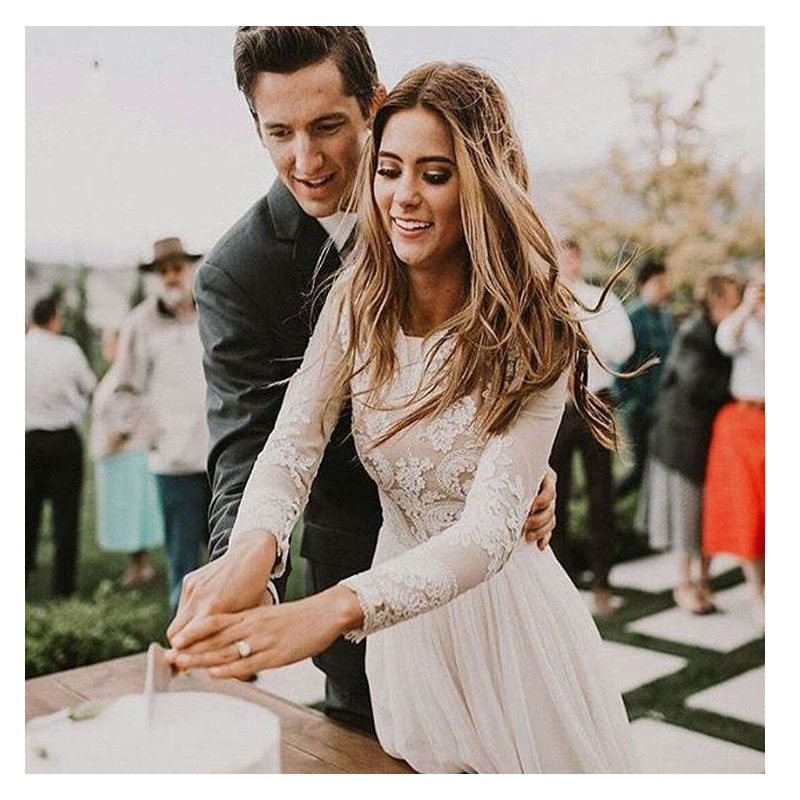 

LORIE Boho Long Sleeve Wedding Dress 2019 Robe de mariee Vintage Lace Top New Bridal Dress Puffy Chiffon Wedding Dresses, White