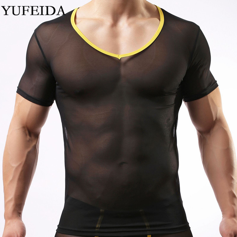 

YUFEIDA Slim Men Undershirts Tops Short Sleeve T-shirts Comfortable Fitness Mesh Casual Homewear Sheer Shirt Novelty Underwear, Black